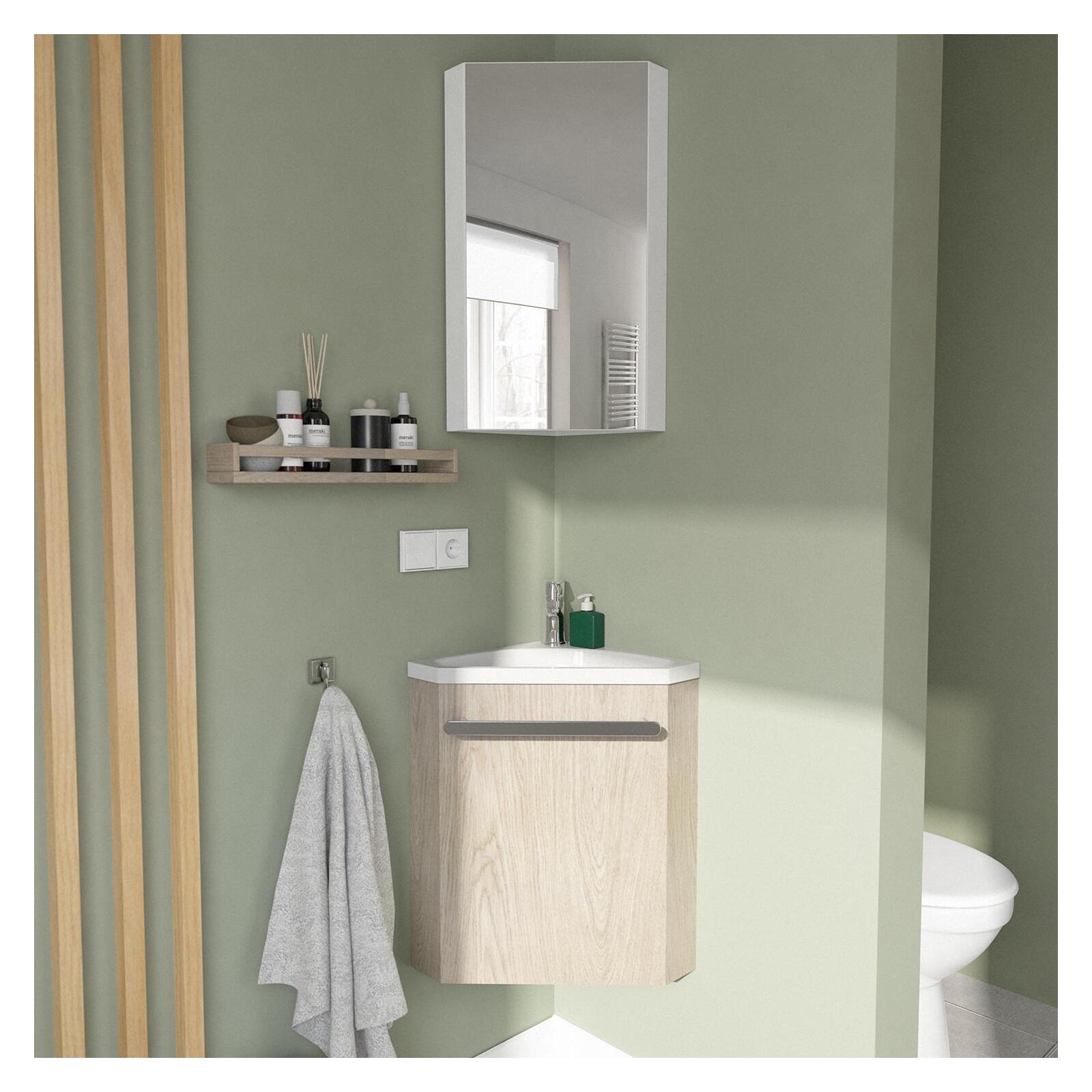 Ensemble lave-mains angle skino décor chêne + vasque + miroir