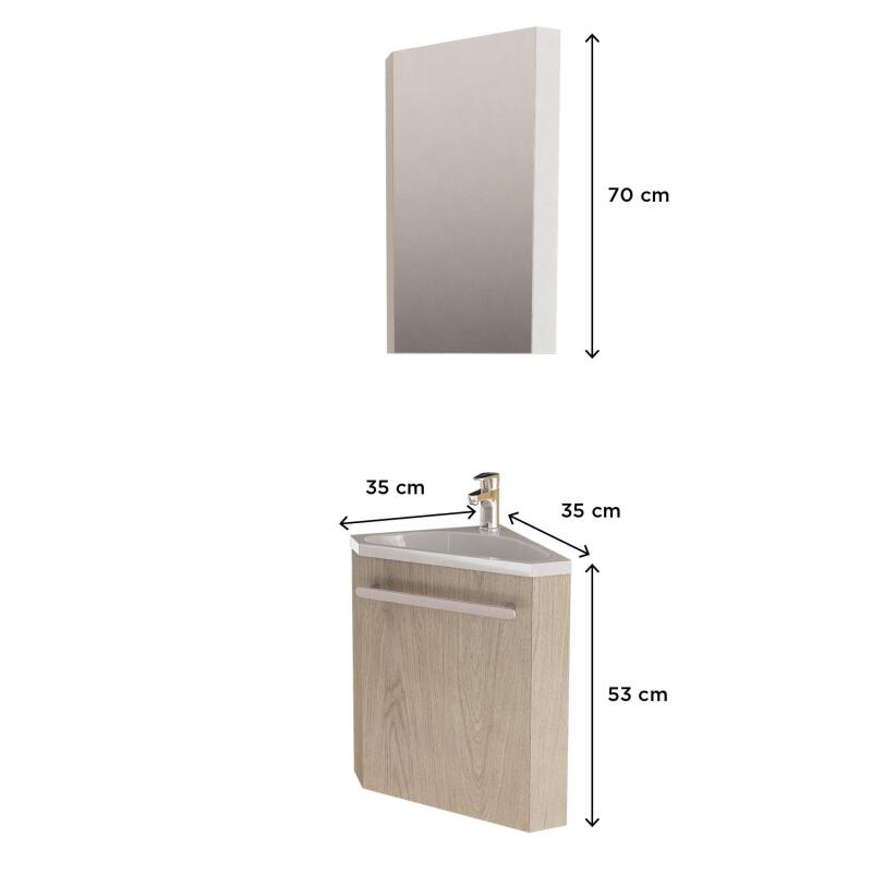 Ensemble lave-mains angle skino décor chêne + vasque + miroir