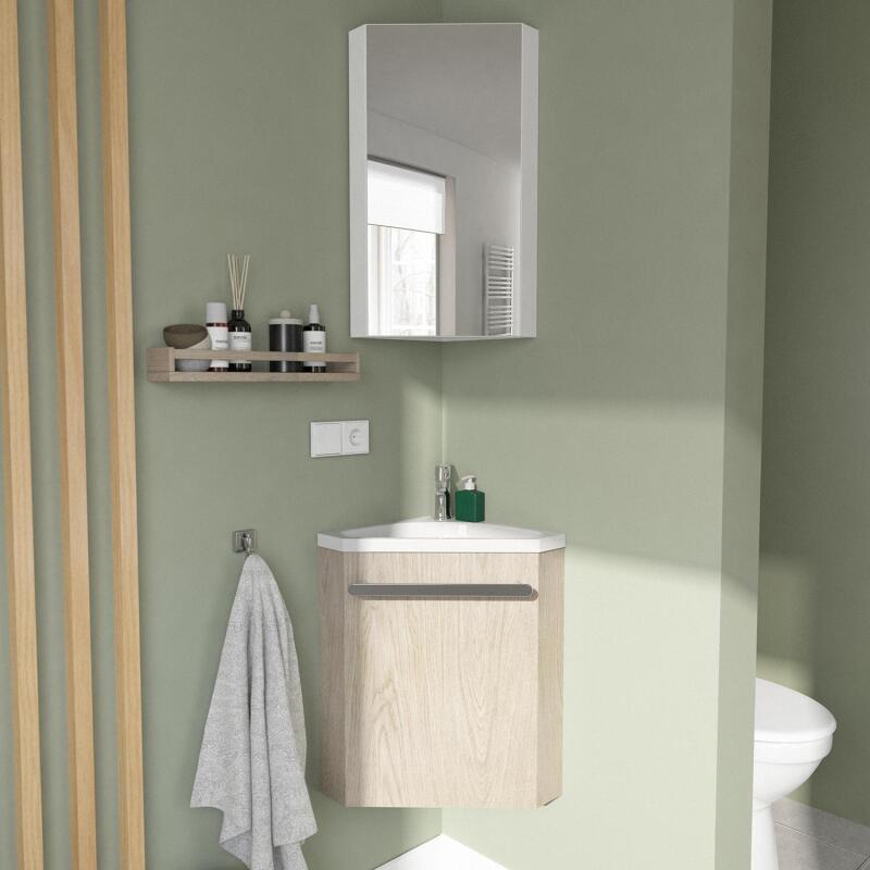 Ensemble lave-mains angle décor chêne + vasque + robinet  + miroir