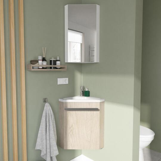Ensemble lave-mains angle décor chêne + vasque + robinet + miroir