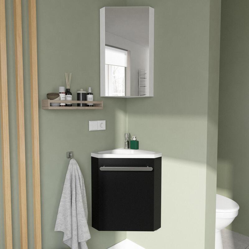 Ensemble lave-mains angle noir vasque + miroir