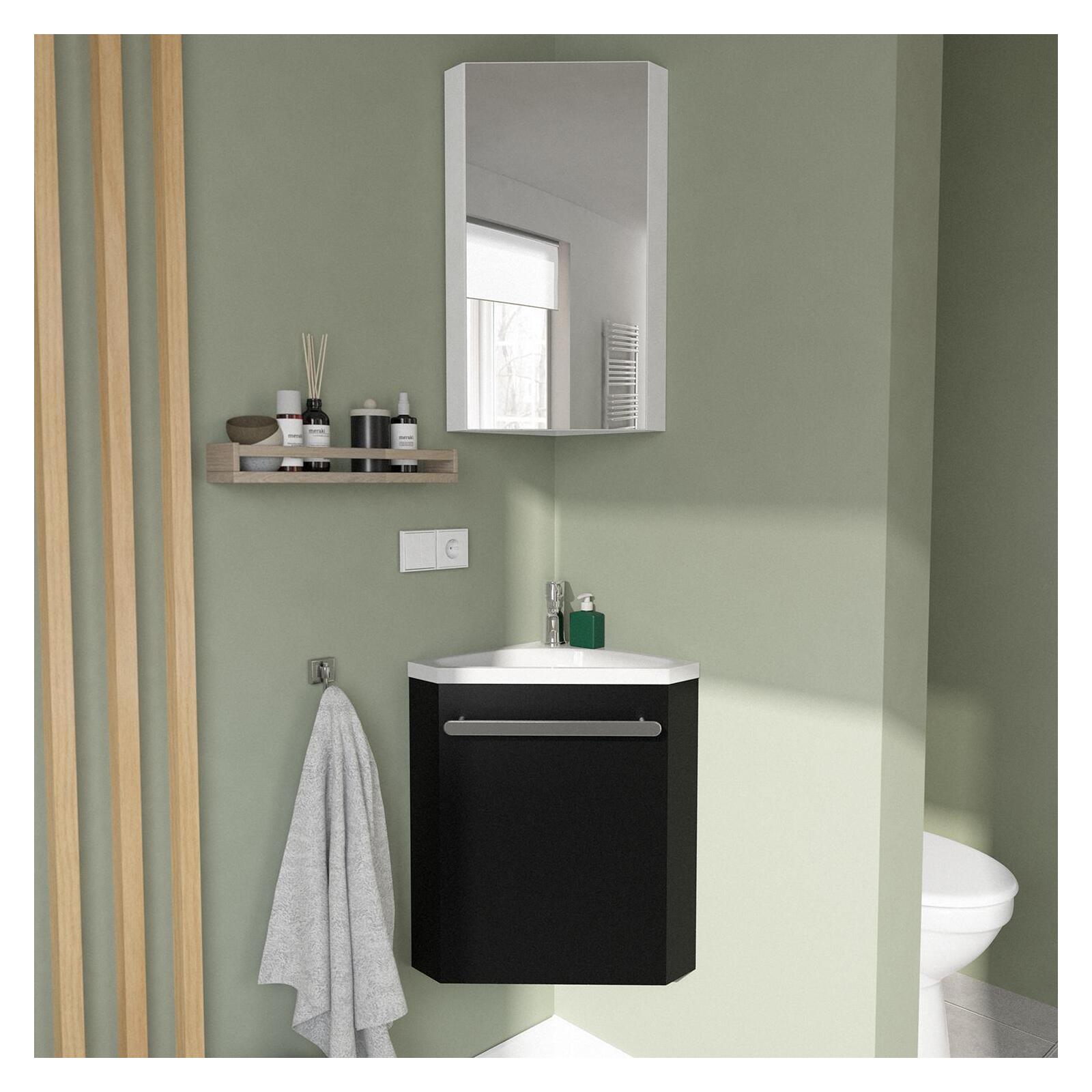 Ensemble lave-mains angle noir + vasque + robinet  + miroir