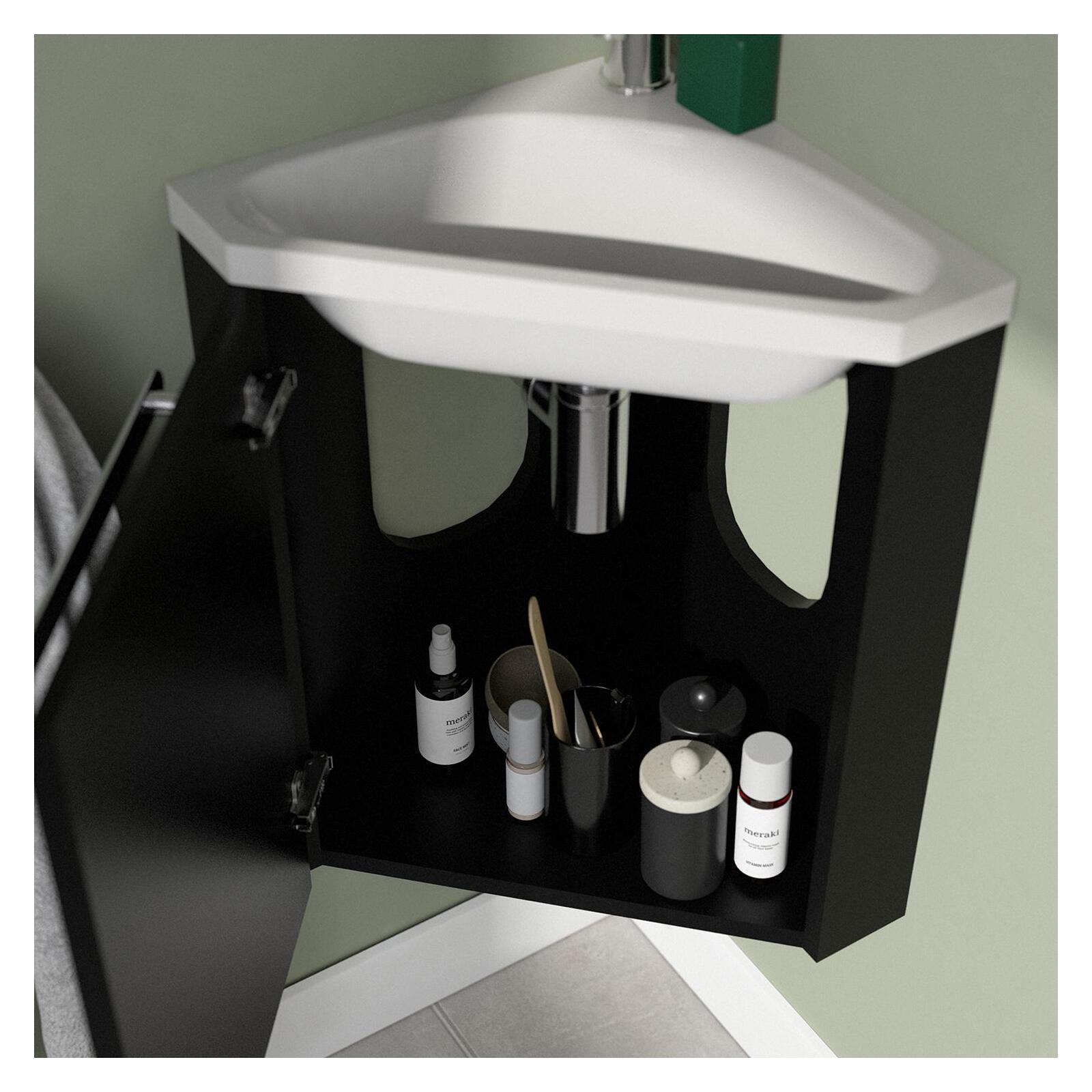 Ensemble lave-mains angle noir + vasque + robinet  + miroir