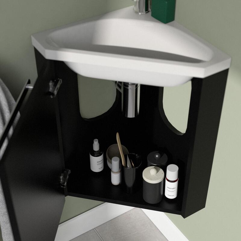 Ensemble lave-mains angle noir + vasque + robinet + miroir