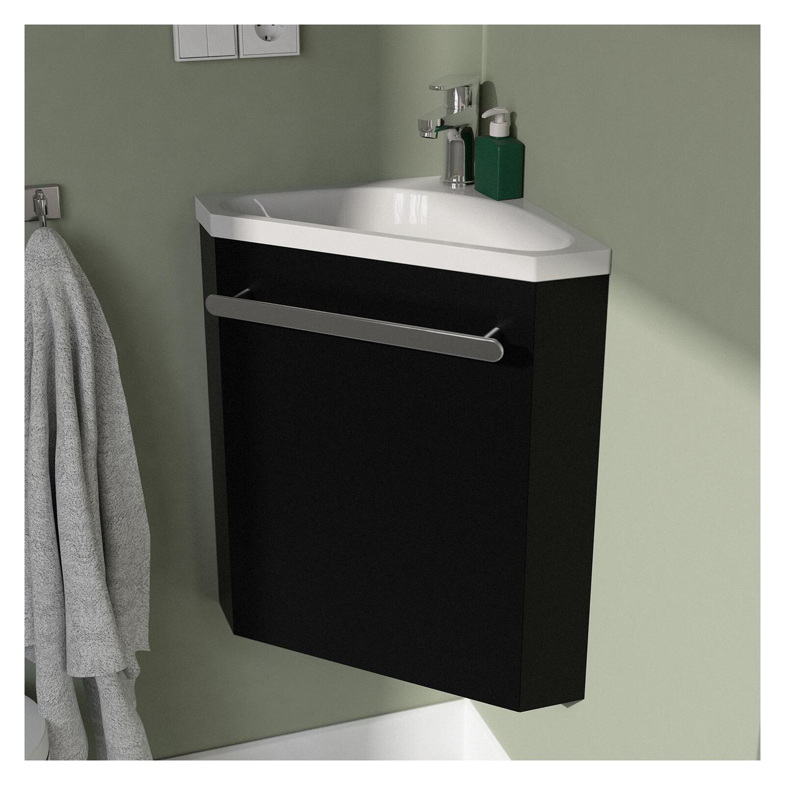 Ensemble lave-mains angle noir + vasque + robinet  + miroir