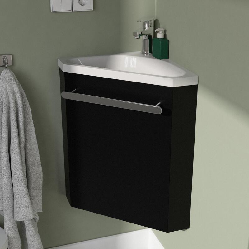 Ensemble lave-mains angle noir + vasque + robinet + miroir