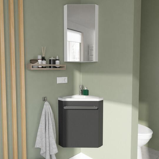 Ensemble lave-mains angle gris vasque + robinet + miroir