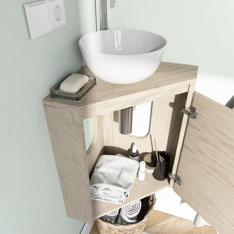 Petit lavabo d'angle WC avec meuble suspendu au mur