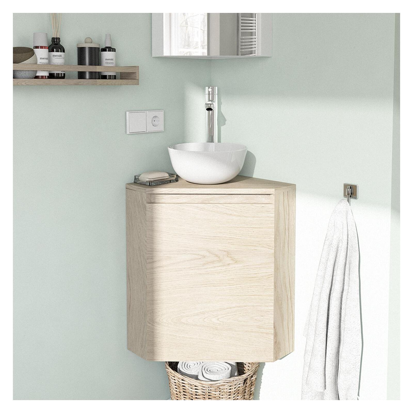 Meuble lave-mains d'angle décor chêne Meuble lave-mains d'angle décor chêne