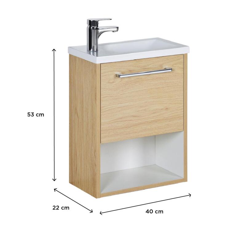 Meuble lave-mains décor chêne intérieur blanc NIKA