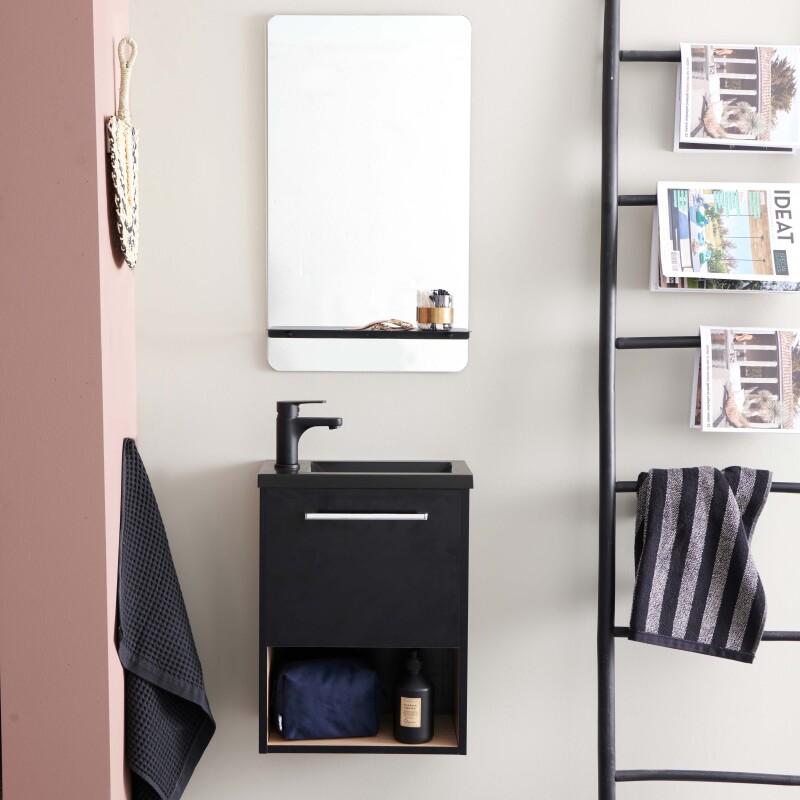 Ensemble meuble lave-mains noir extérieur décor chêne intérieur NIKA + miroir + robinet noir