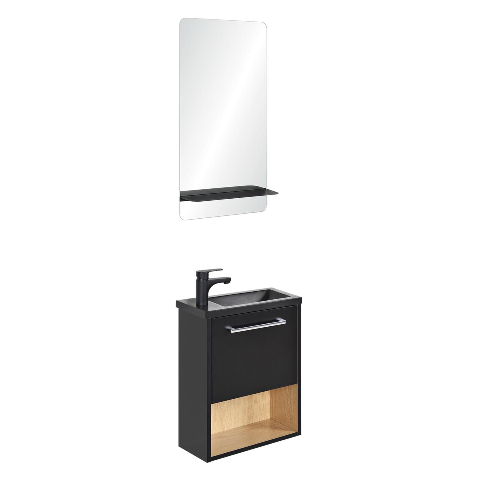 Ensemble meuble lave-mains noir extérieur décor chêne intérieur NIKA + miroir + robinet noir