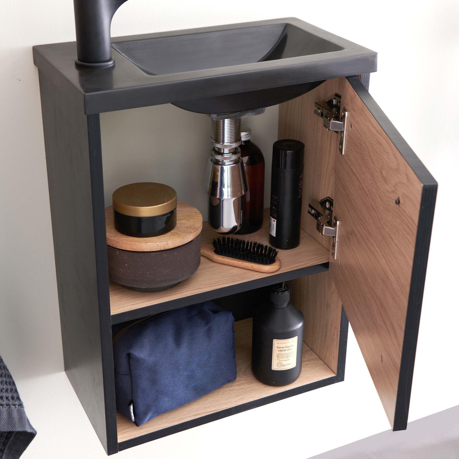 Ensemble meuble lave-mains noir extérieur décor chêne intérieur NIKA + miroir + robinet noir