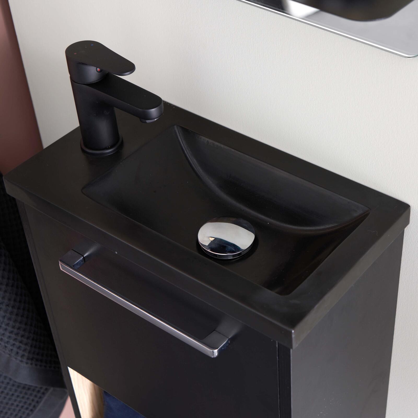 Ensemble meuble lave-mains noir extérieur décor chêne intérieur NIKA + miroir + robinet noir