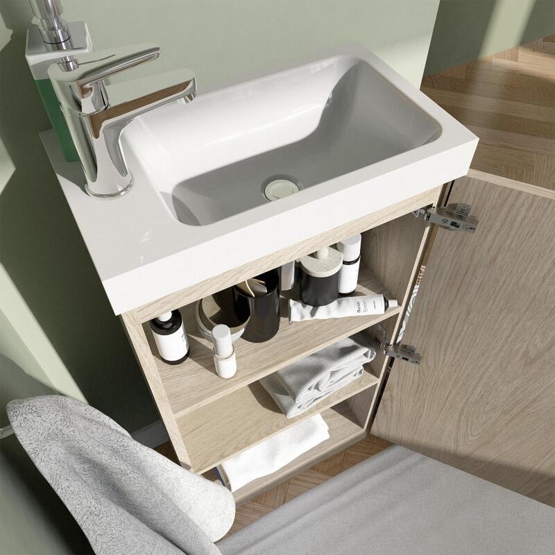 Ensemble lave-mains sur pieds décor chêne + robinet