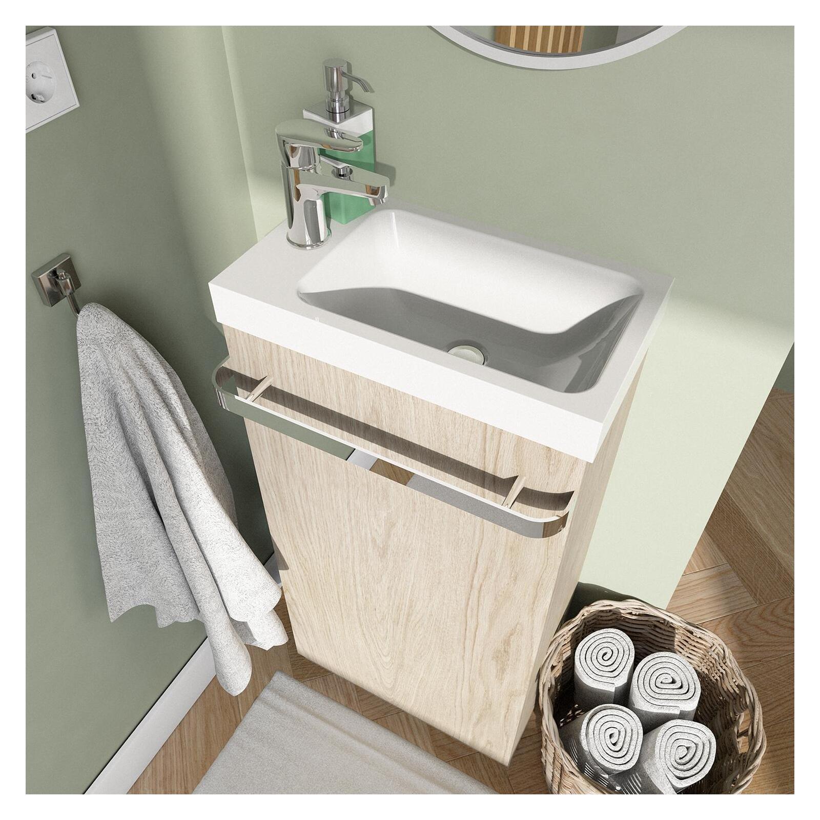 Ensemble lave-mains sur pieds décor chêne + robinet