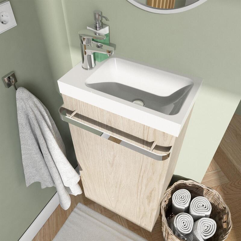 Ensemble lave-mains sur pieds décor chêne + robinet