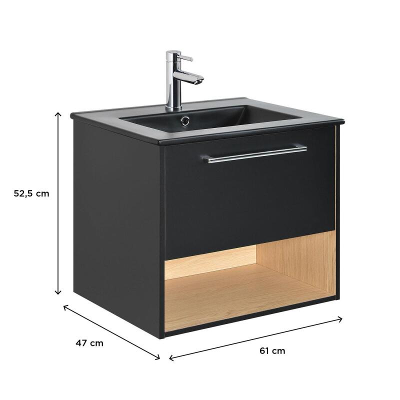 Meuble simple vasque noir et décor chêne