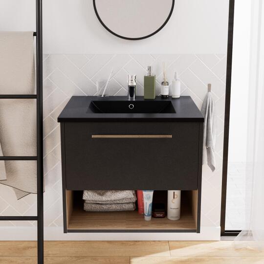 Ensemble meuble simple vasque 60cm noir + robinet