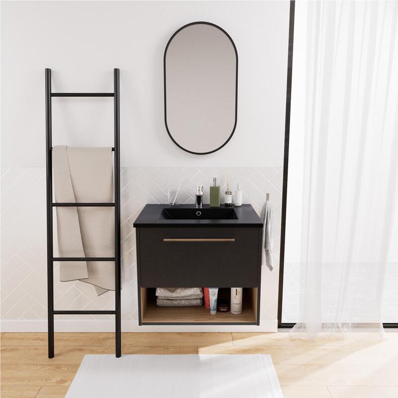 Ensemble meuble simple vasque 60cm noir + robinet + miroir