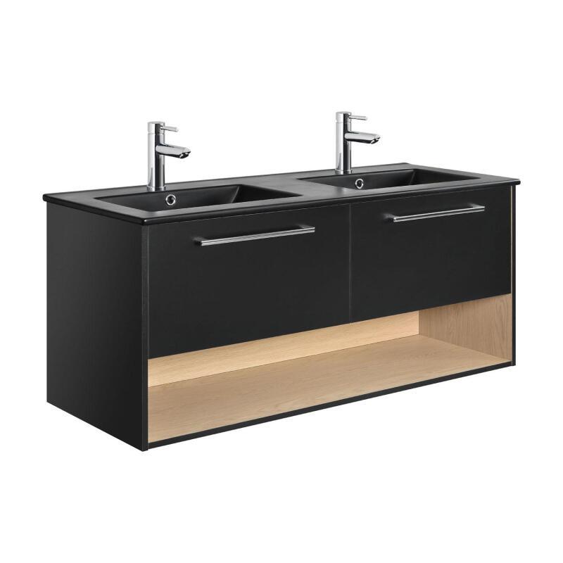 Ensemble meubles de salle de bain vasque noir et décor chêne + 2 robinets + 2 miroirs