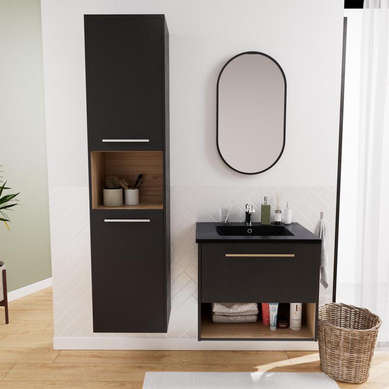 Ensemble meuble simple vasque 60cm noir + robinet + miroir + colonne