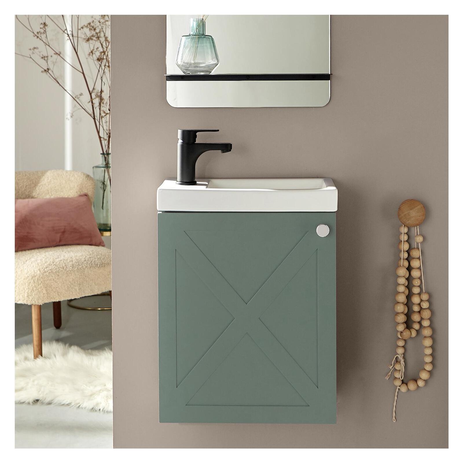 Ensemble meuble lave-mains vert de gris AVA avec robinet noir Ensemble meuble lave-mains vert de gris AVA avec robinet noir