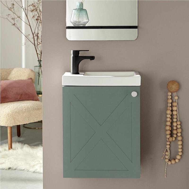 Ensemble meuble lave-mains vert de gris AVA avec robinet noir
