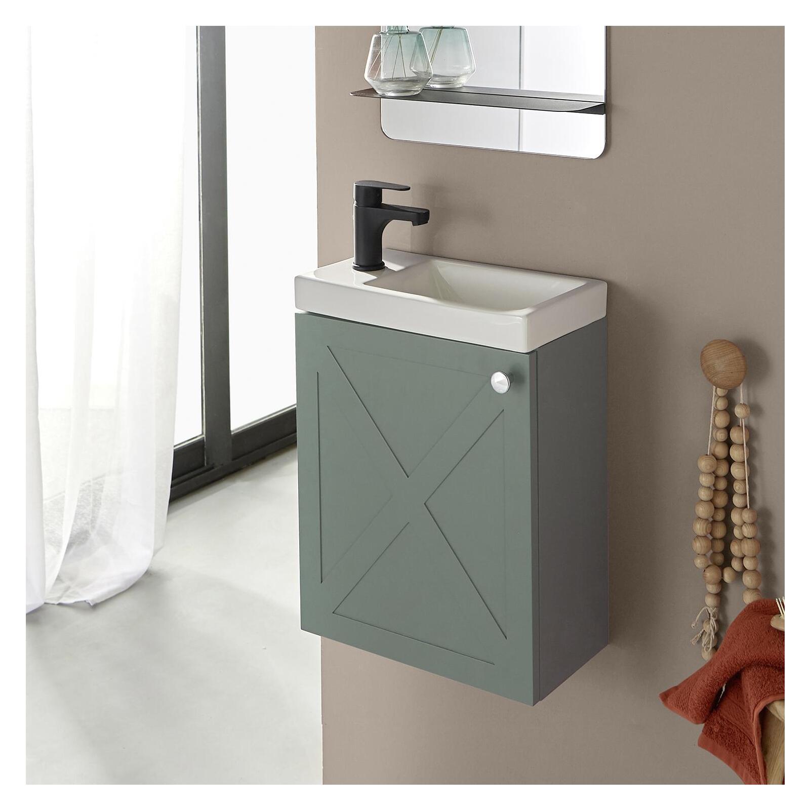 Ensemble meuble lave-mains vert de gris AVA avec robinet noir Ensemble meuble lave-mains vert de gris AVA avec robinet noir