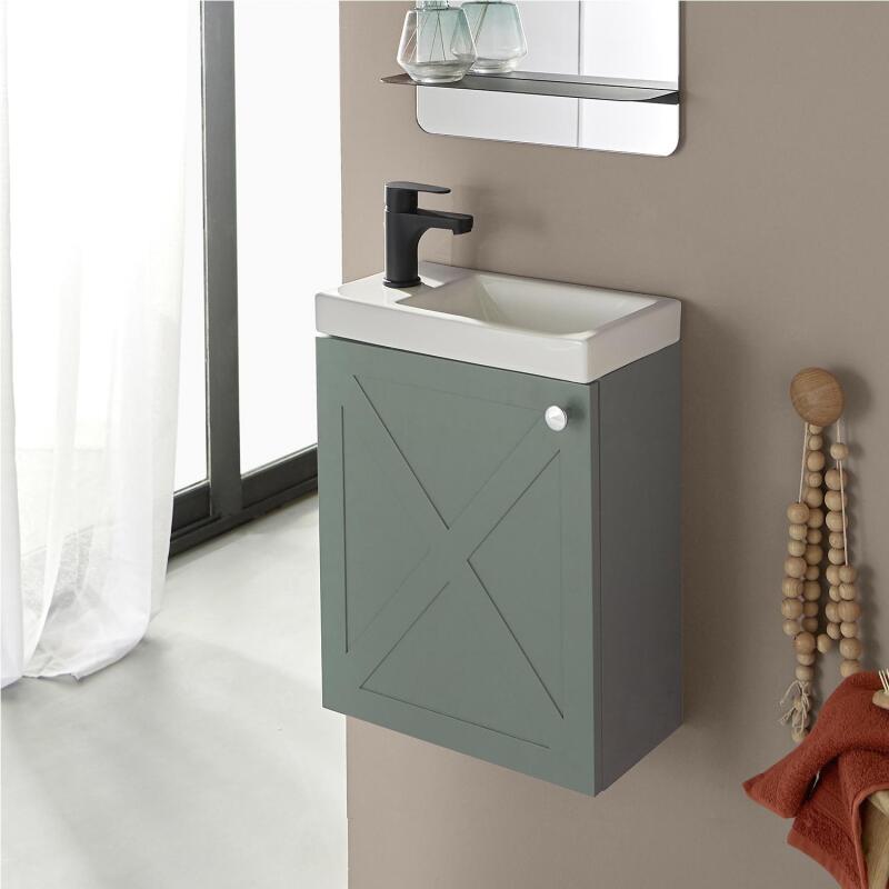 Ensemble meuble lave-mains vert de gris AVA avec robinet noir