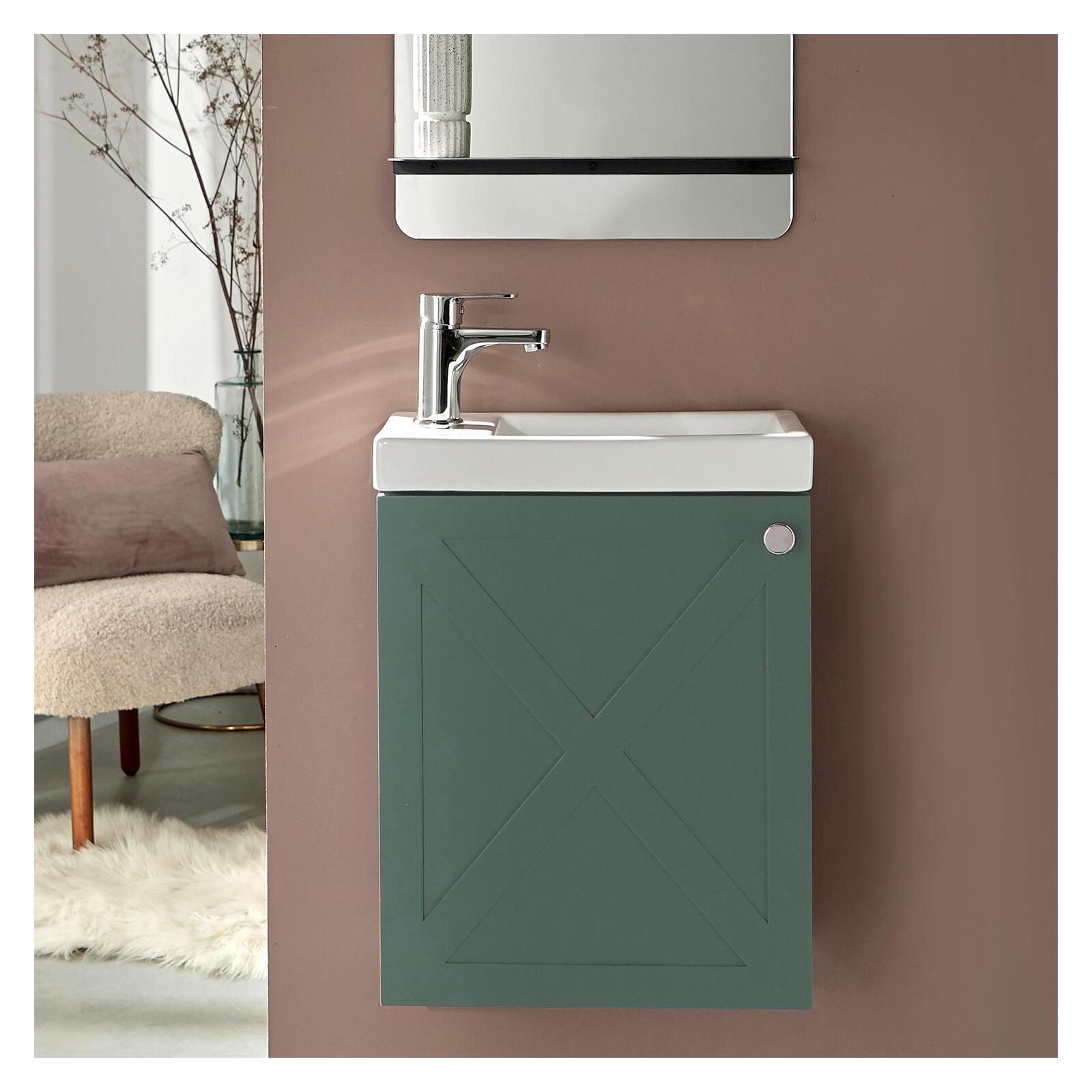 Ensemble meuble lave-mains vert de gris AVA avec robinet chromé Ensemble meuble lave-mains vert de gris AVA avec robinet chromé