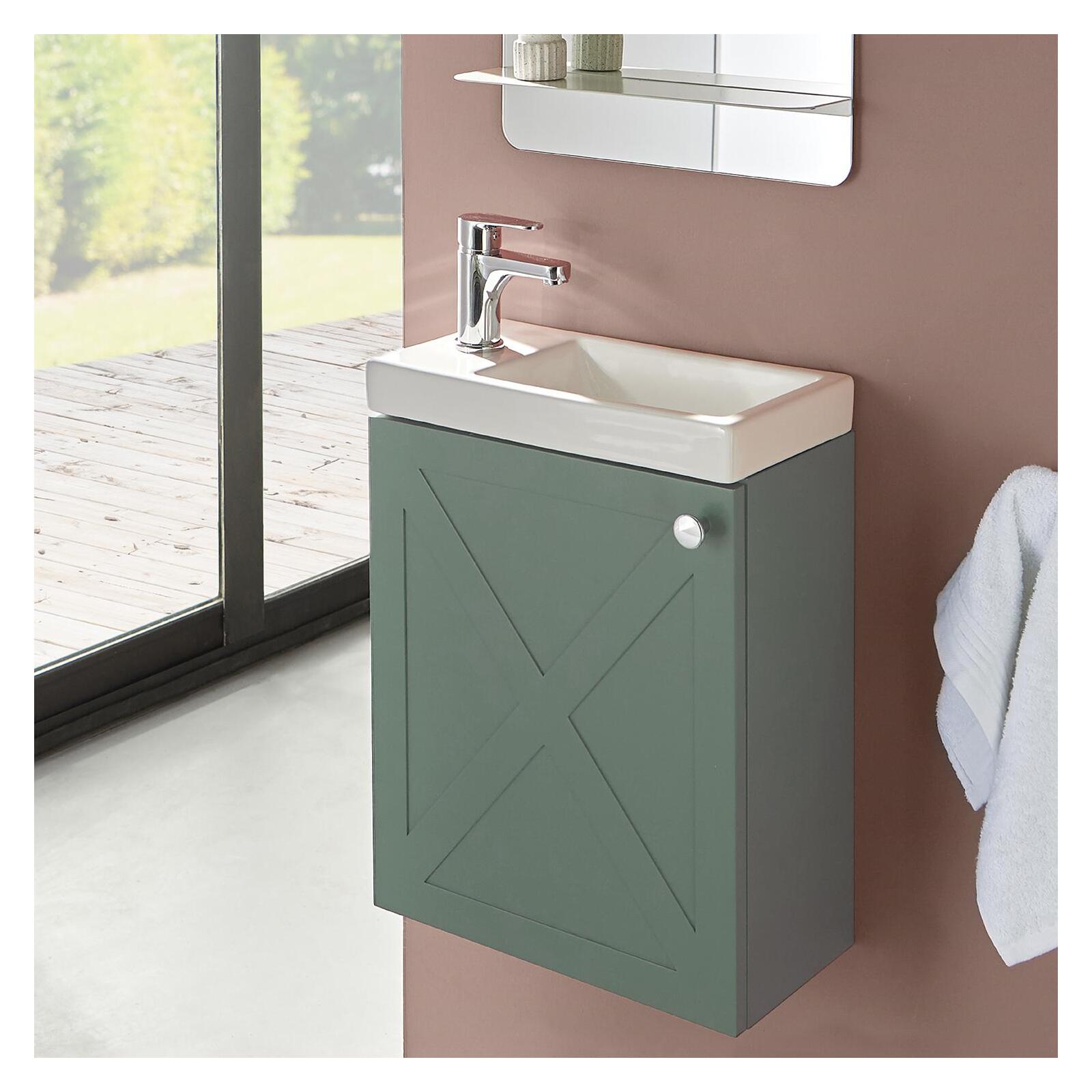 Ensemble meuble lave-mains vert de gris AVA avec robinet chromé Ensemble meuble lave-mains vert de gris AVA avec robinet chromé