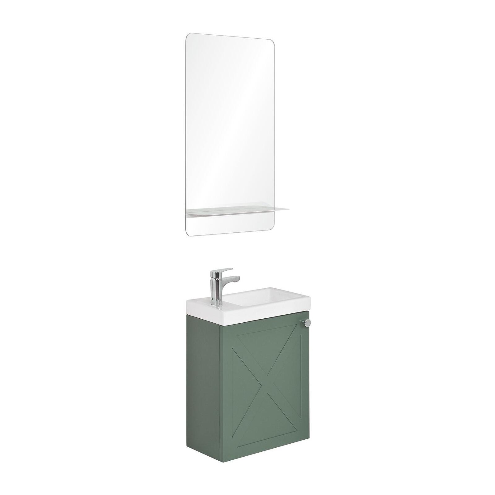 Ensemble meuble lave-mains vert de gris AVA + miroir + robinet chromé Ensemble meuble lave-mains vert de gris AVA + miroir + robinet chromé