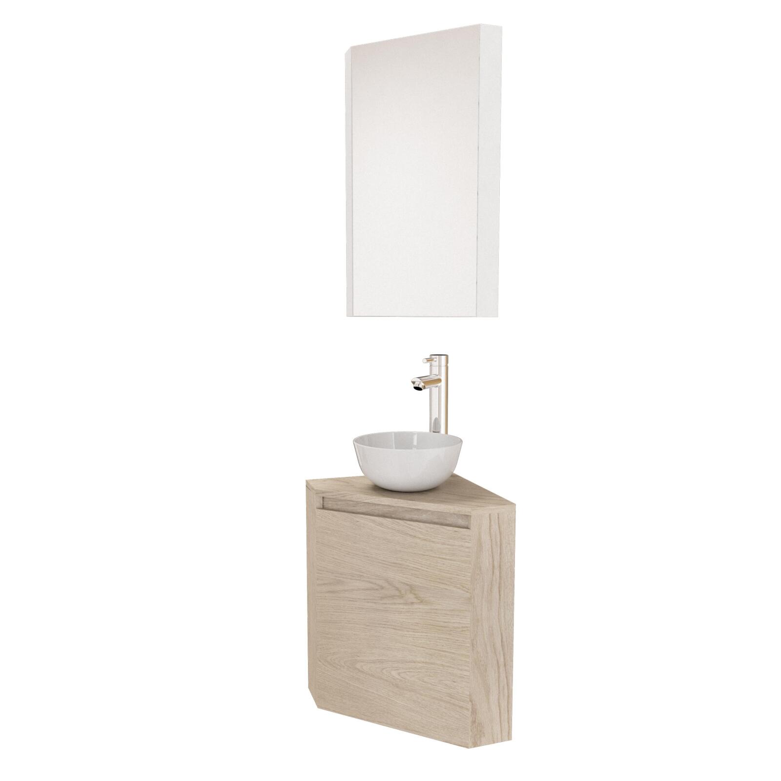 Ensemble lave-mains d'angle + vasque + robinet + armoire de toilette miroir