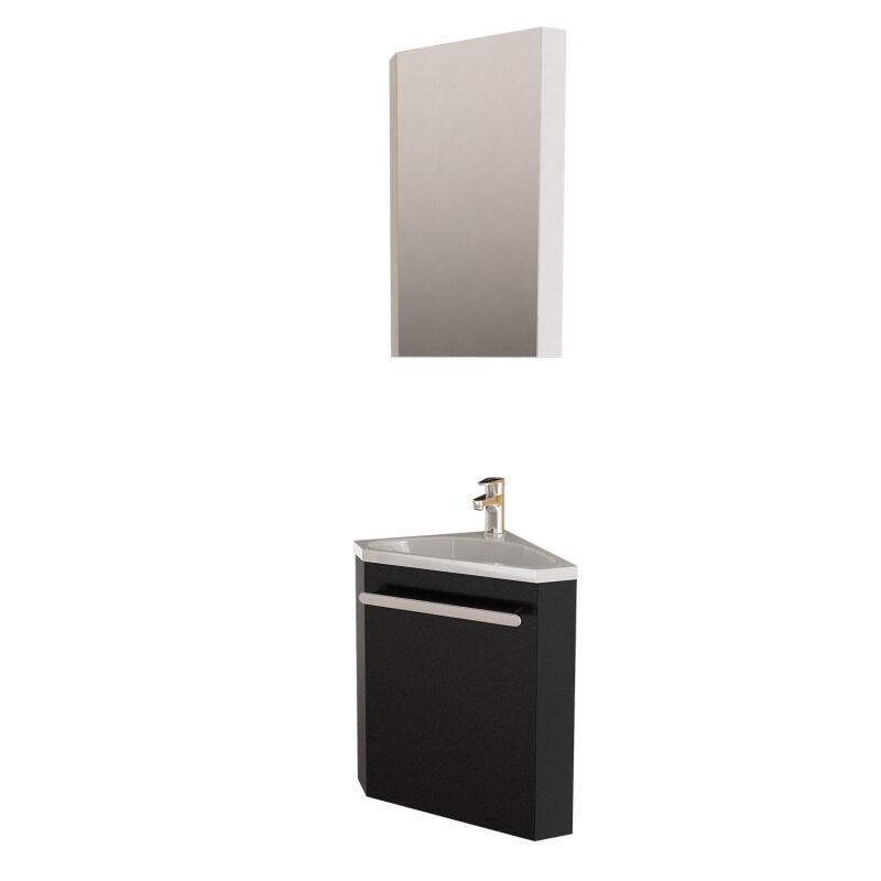 Ensemble lave-mains angle noir + vasque + robinet + armoire toilette d'angle