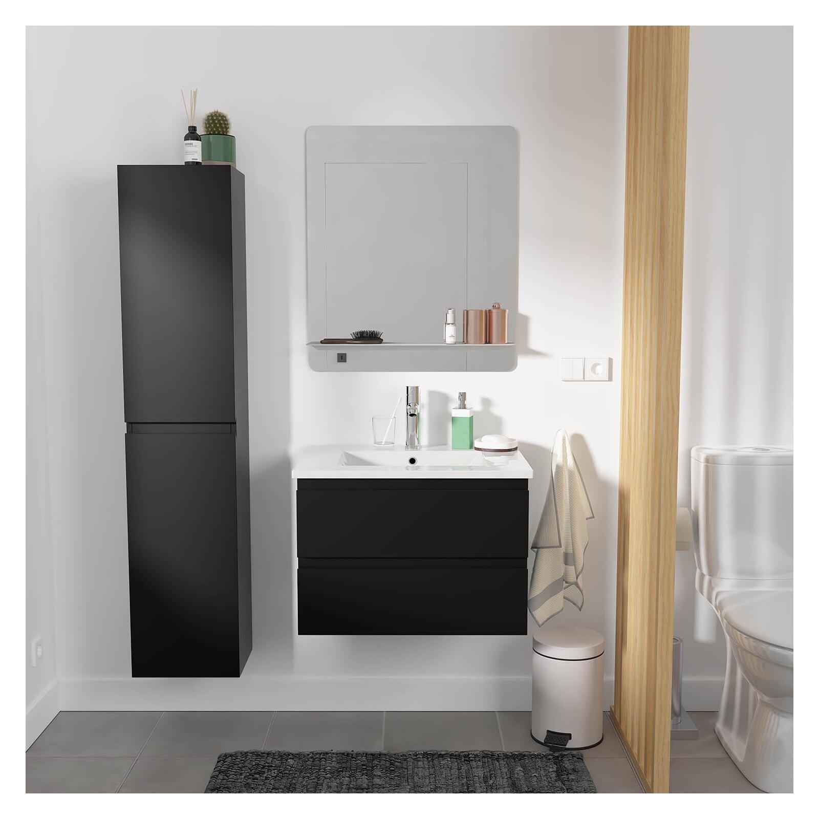 Ensemble meuble simple vasque noir carbone  60cm + vasque + miroir + colonne
