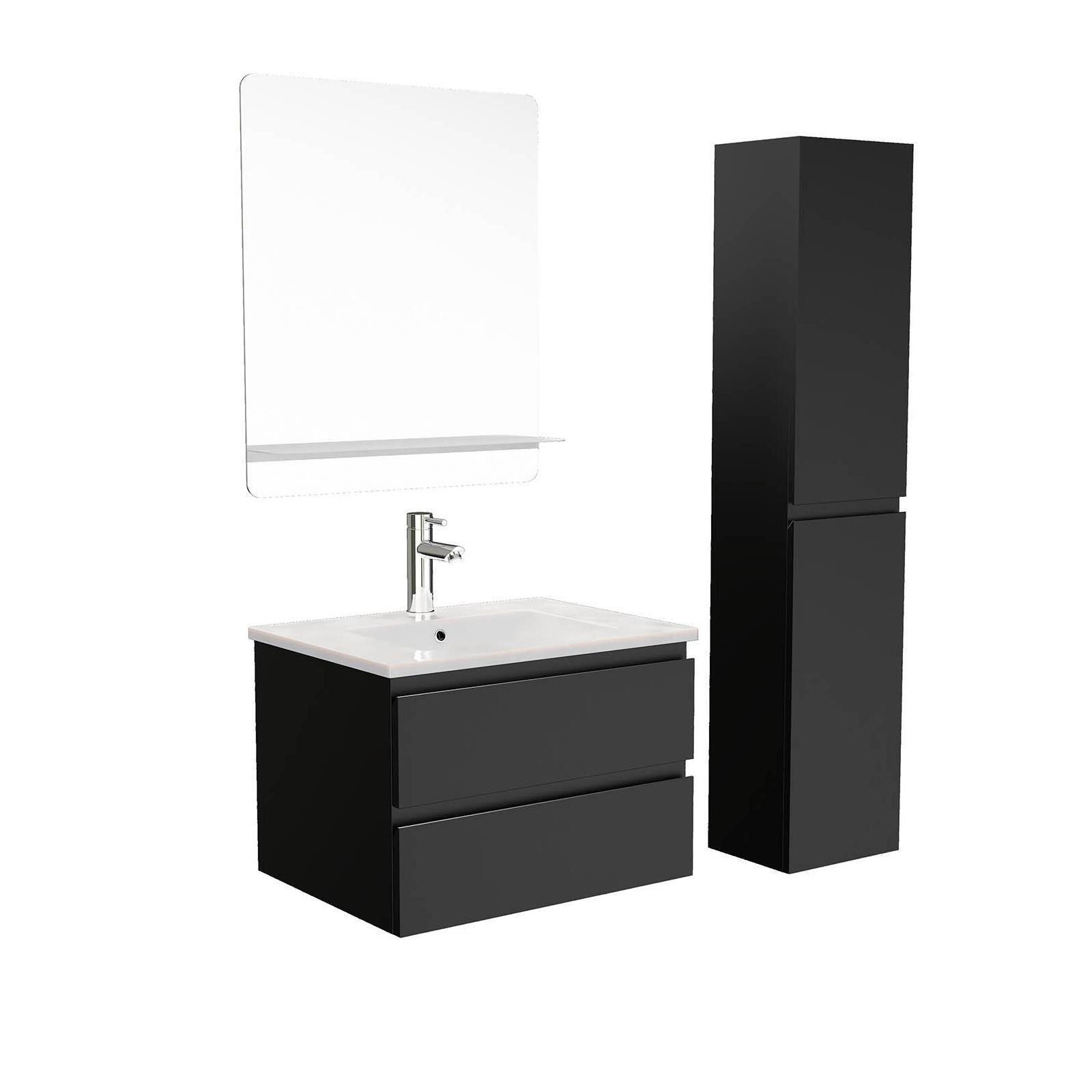 Ensemble meuble simple vasque noir carbone  60cm + vasque + miroir + colonne