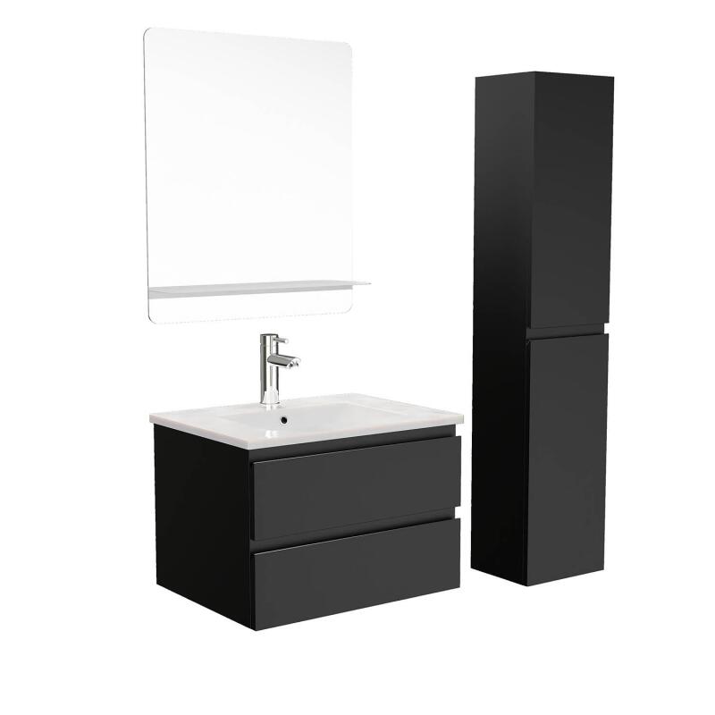 Ensemble meuble simple vasque noir carbone 60cm + vasque + miroir + colonne