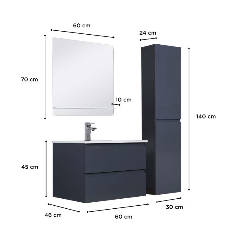 Ensemble meuble simple vasque noir carbone 60cm + vasque + miroir + colonne