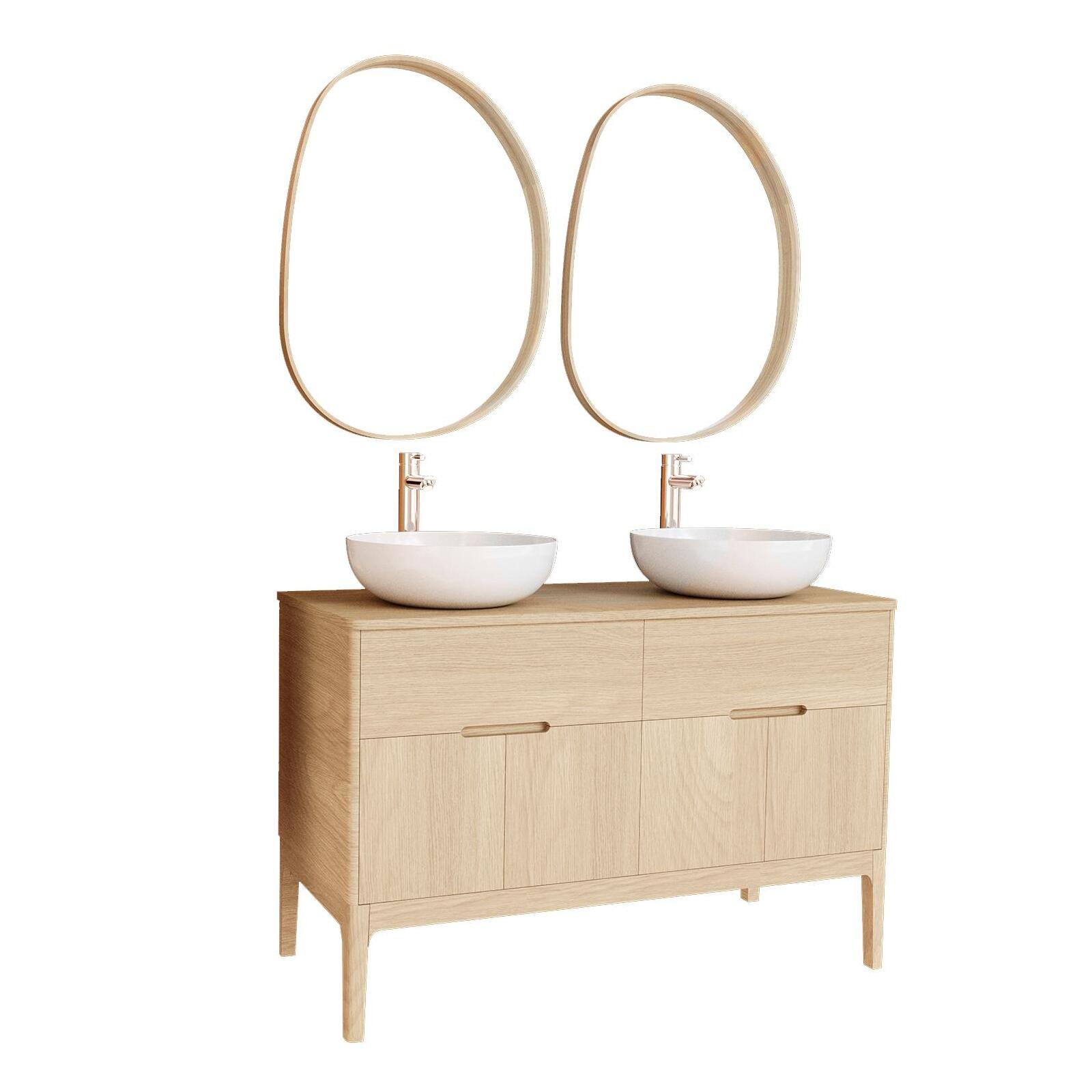 Ensemble meuble double vasque 120 cm chêne naturel + 2 vasques + 2 robinets + 2 miroirs Ensemble meuble double vasque 120 cm chêne naturel + 2 vasques + 2 robinets + 2 miroirs