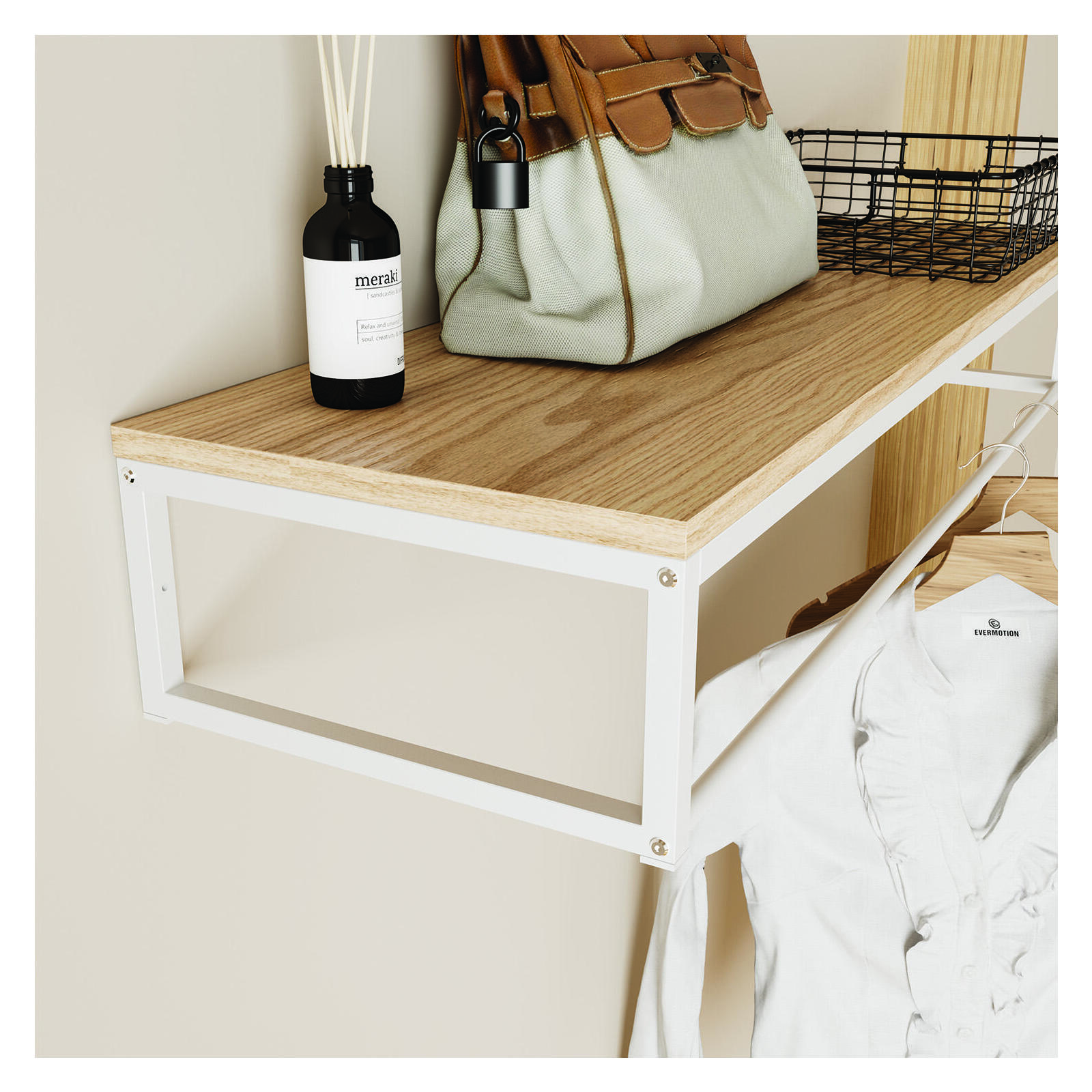 Penderie étagère murale bois et métal blanc L90cm