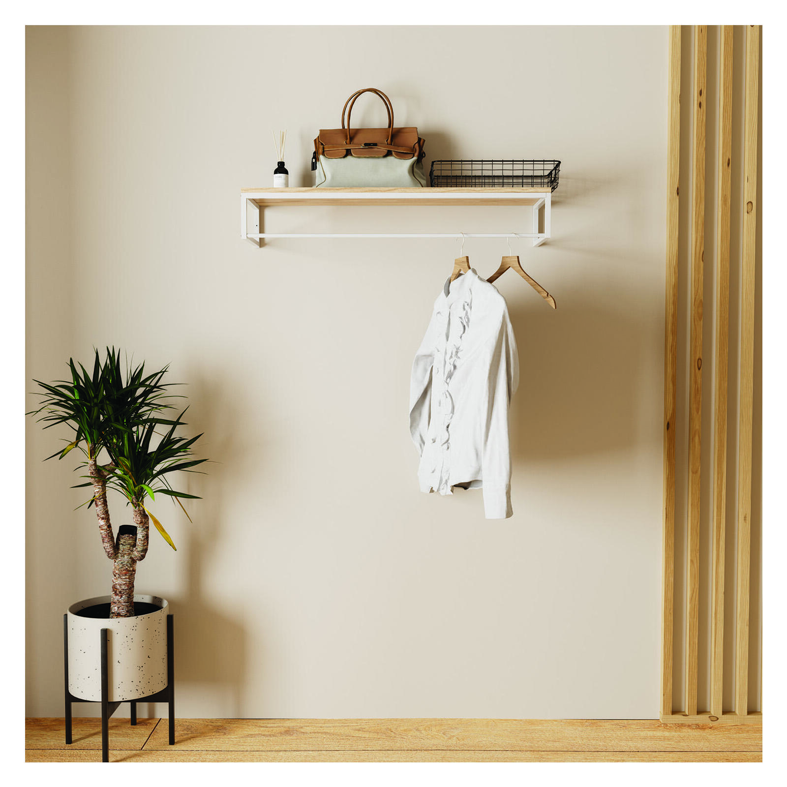 Penderie étagère murale bois et métal blanc L90cm