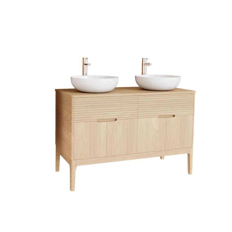 Ensemble meuble double vasque 120 cm chêne naturel + 2 vasques + 2 robinets