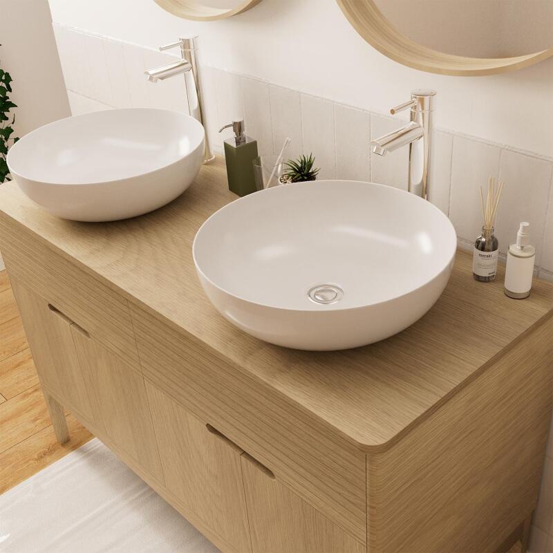 Ensemble meuble double vasque 120 cm chêne naturel + 2 vasques + 2 robinets + 2 miroirs