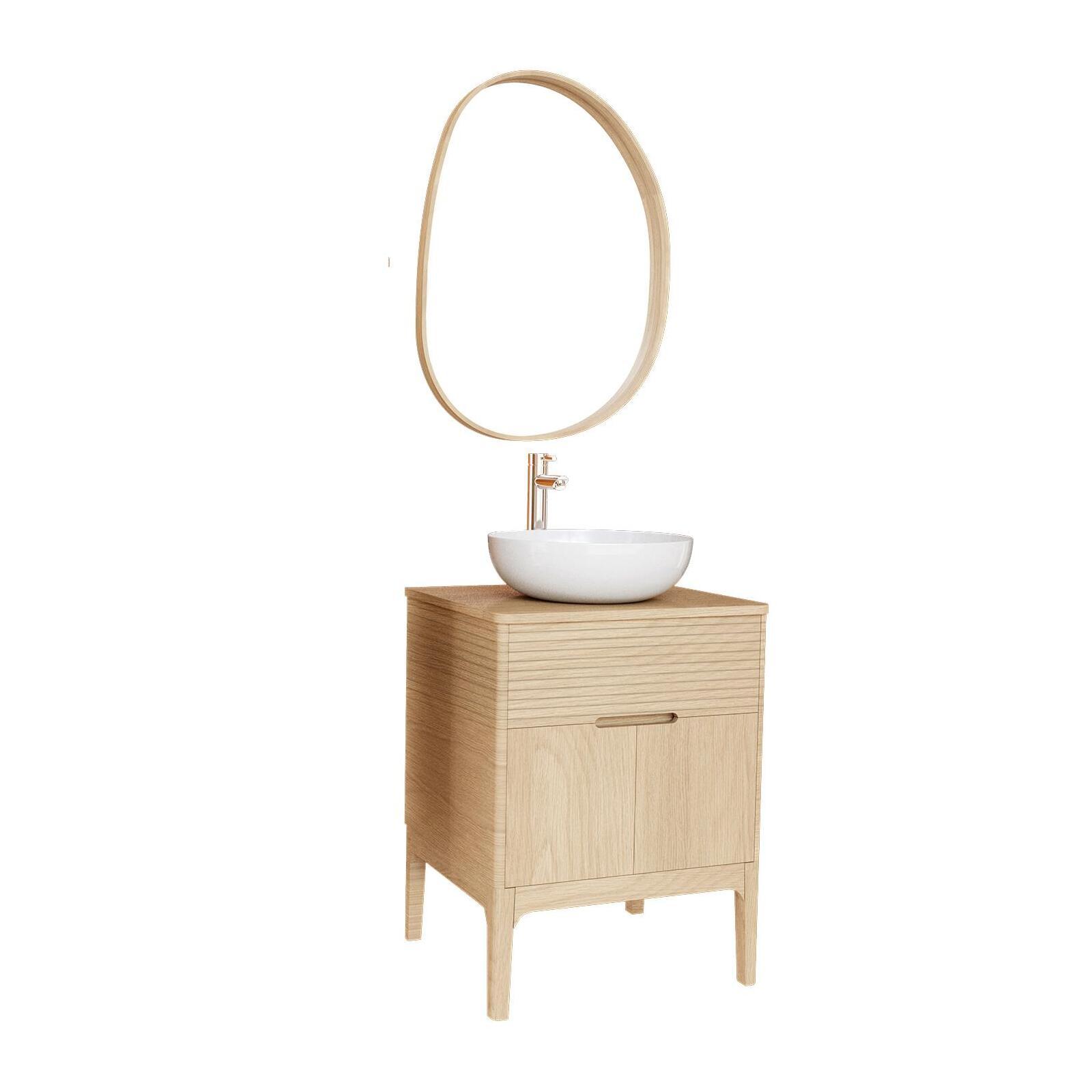 Ensemble meuble simple vasque 60 cm chêne naturel + vasque + robinet + miroir Ensemble meuble simple vasque 60 cm chêne naturel + vasque + robinet + miroir