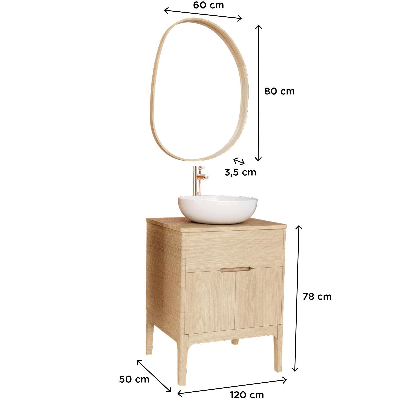 Ensemble meuble simple vasque 60 cm chêne naturel + vasque + robinet + miroir Ensemble meuble simple vasque 60 cm chêne naturel + vasque + robinet + miroir