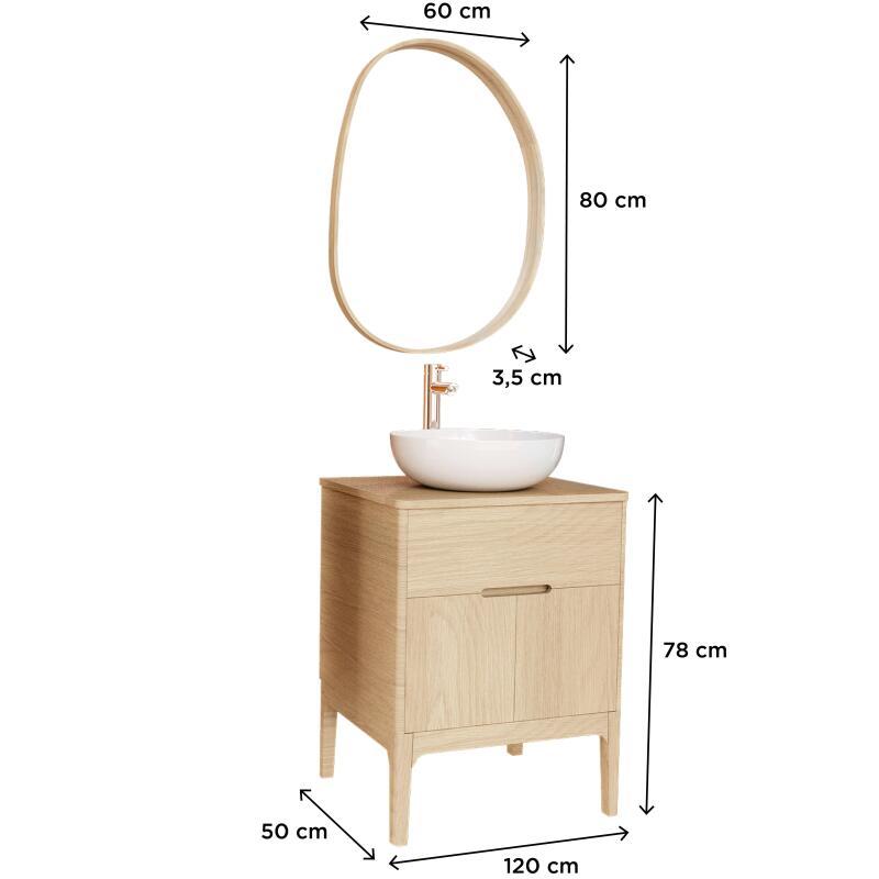Ensemble meuble simple vasque 60 cm chêne naturel + vasque + robinet + miroir