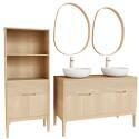 Ensemble meuble double vasque 120 cm chêne naturel + 2 vasques + 2 robinets + 2 miroirs + colonne