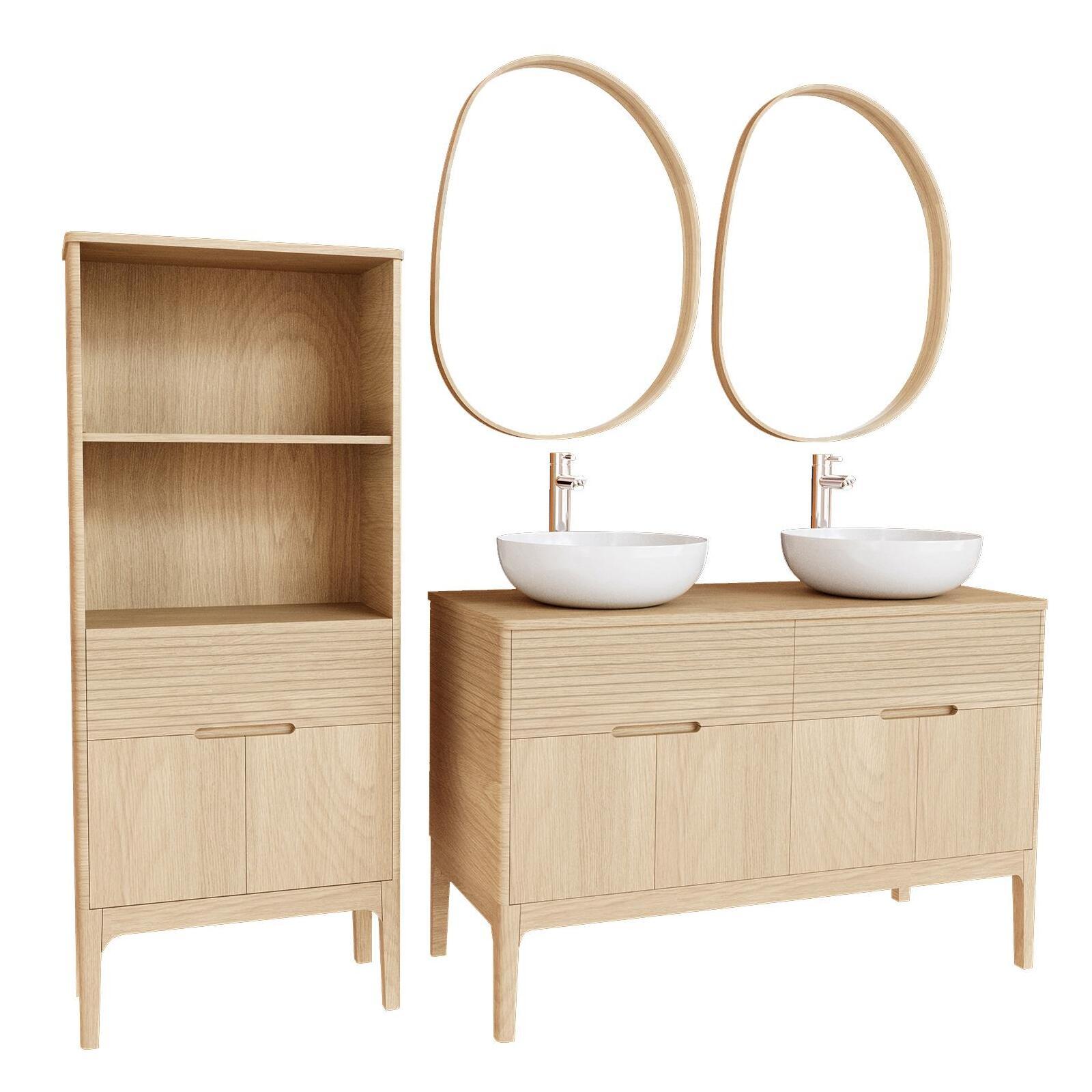 Ensemble meuble double vasque 120 cm chêne naturel + 2 vasques + 2 robinets + 2 miroirs + colonne