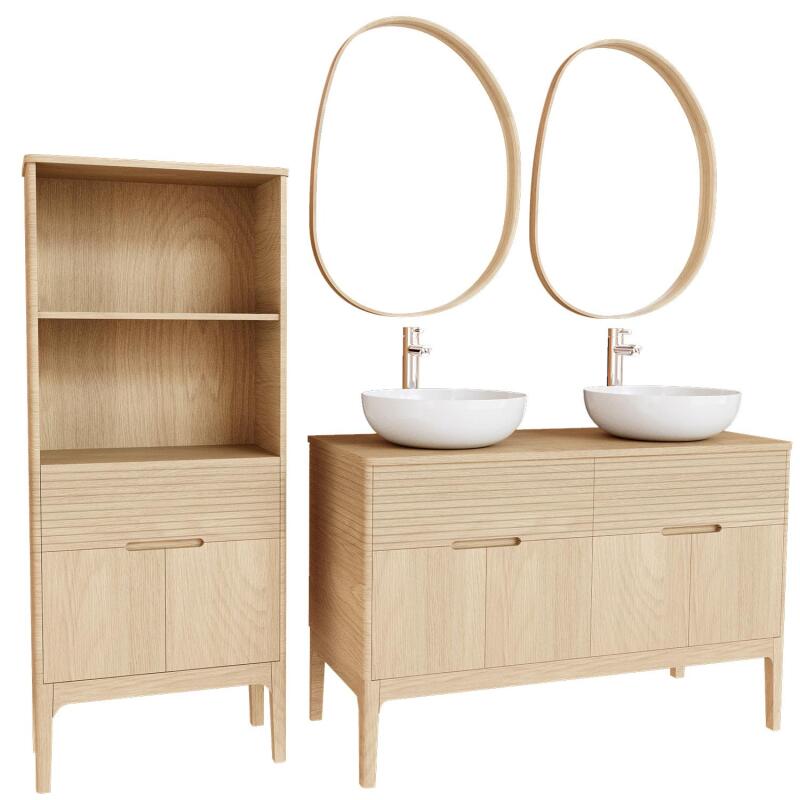 Ensemble meuble double vasque 120 cm chêne naturel + 2 vasques + 2 robinets + 2 miroirs + colonne